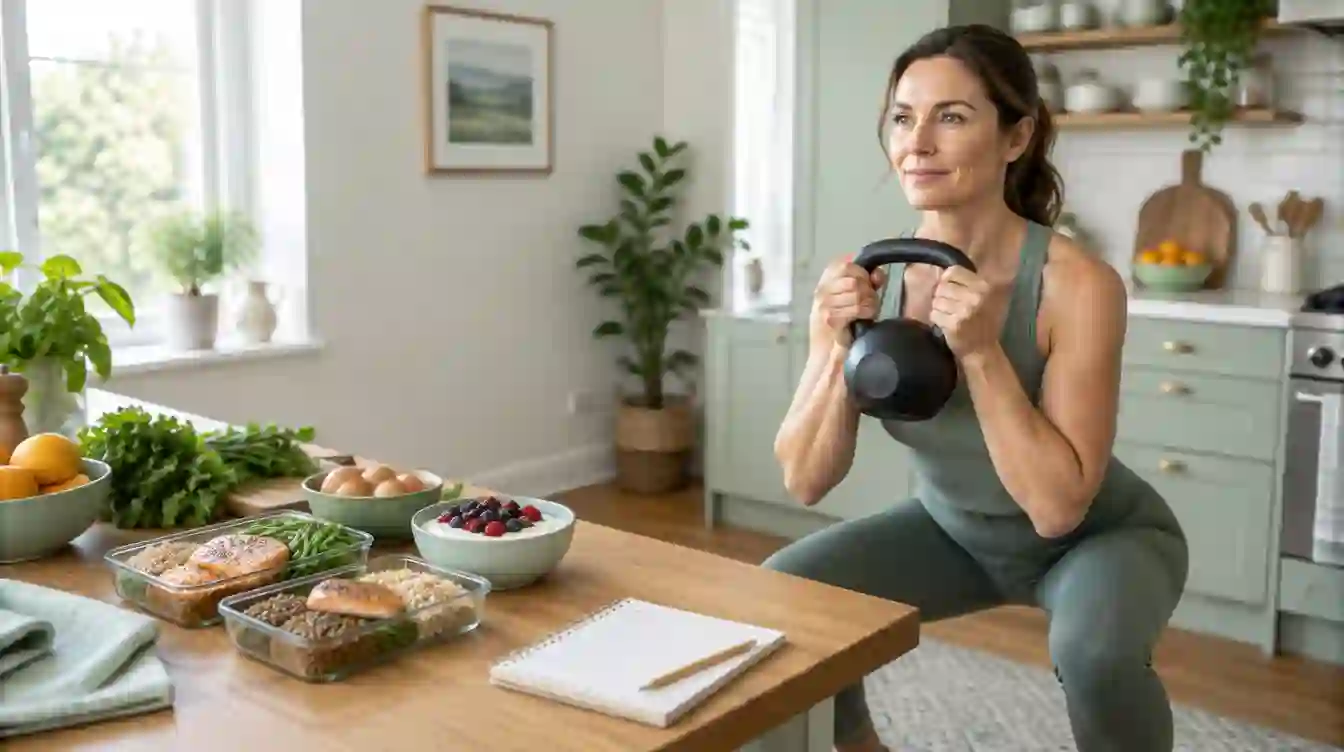 Woman doing a kettlebell goblet squat in a bright kitchen next to prepared high-protein meals and a shopping list.