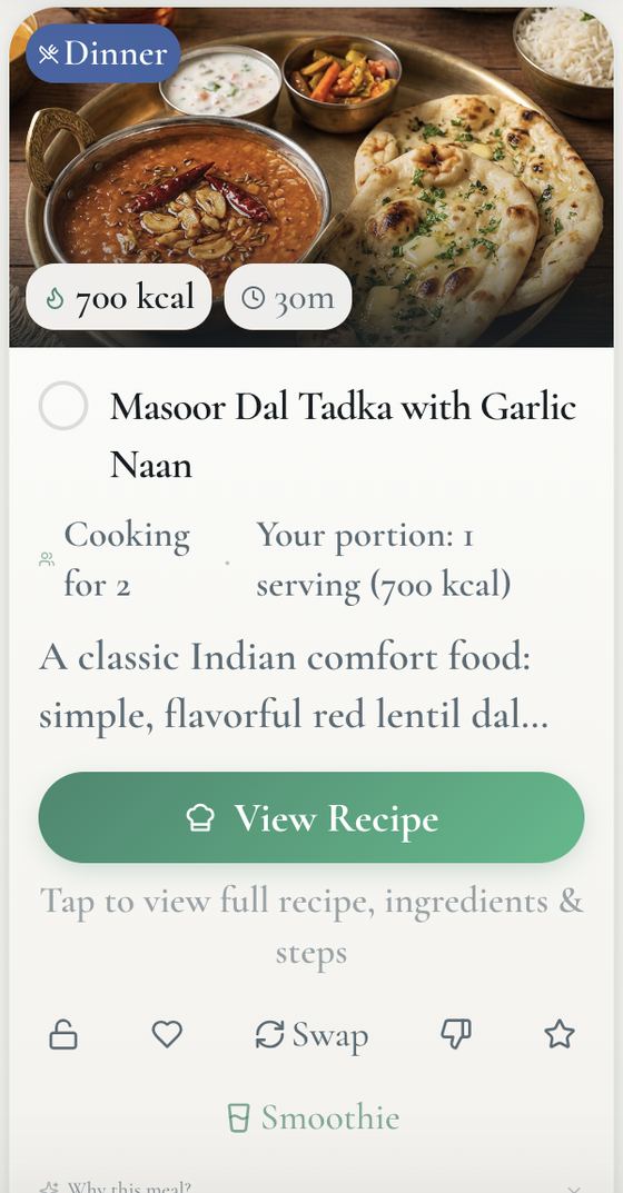 Planned dinner: masoor dal tadka with garlic naan, 700 kcal
